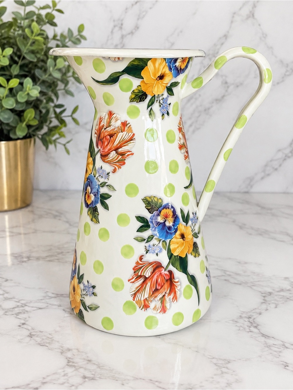 MacKenzie-Childs Wildflowers Enamel Large Practical Pitcher Lime 17 Cup